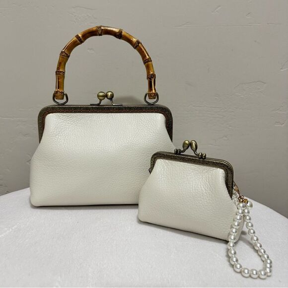 Handsewn Genuine Pebble Leather Real Bamboo Handle Bag - Picture 13 of 13